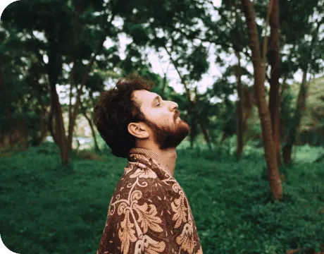 Man outdoors practising controlled breathing following diaphragm plication treatment