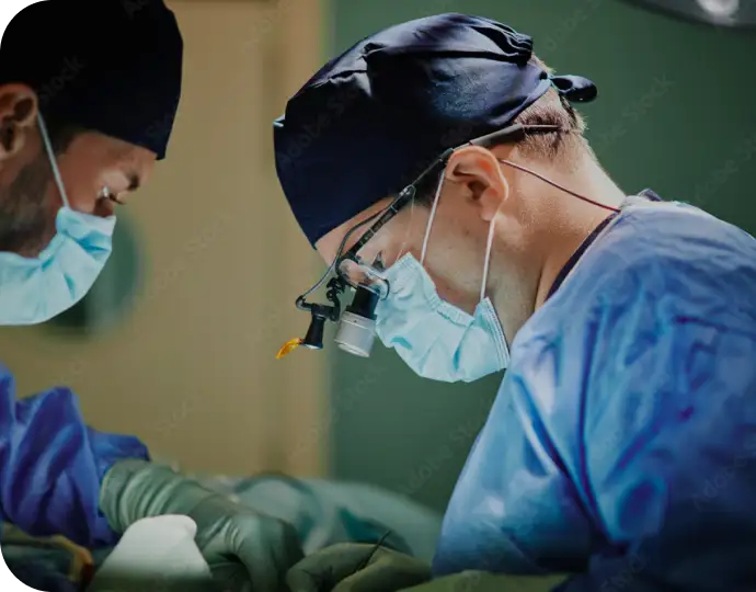 Cardiac surgeons performing heart valve surgery in operating theatre